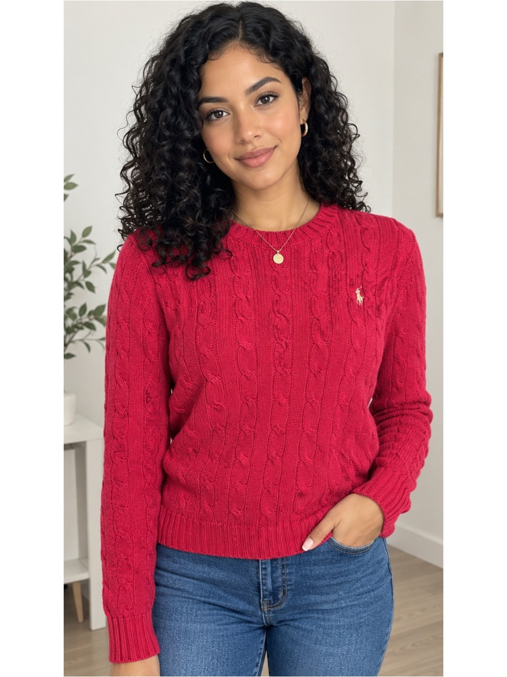 Ralph Lauren Cable Knit Crewneck Sweater Pink Pony M